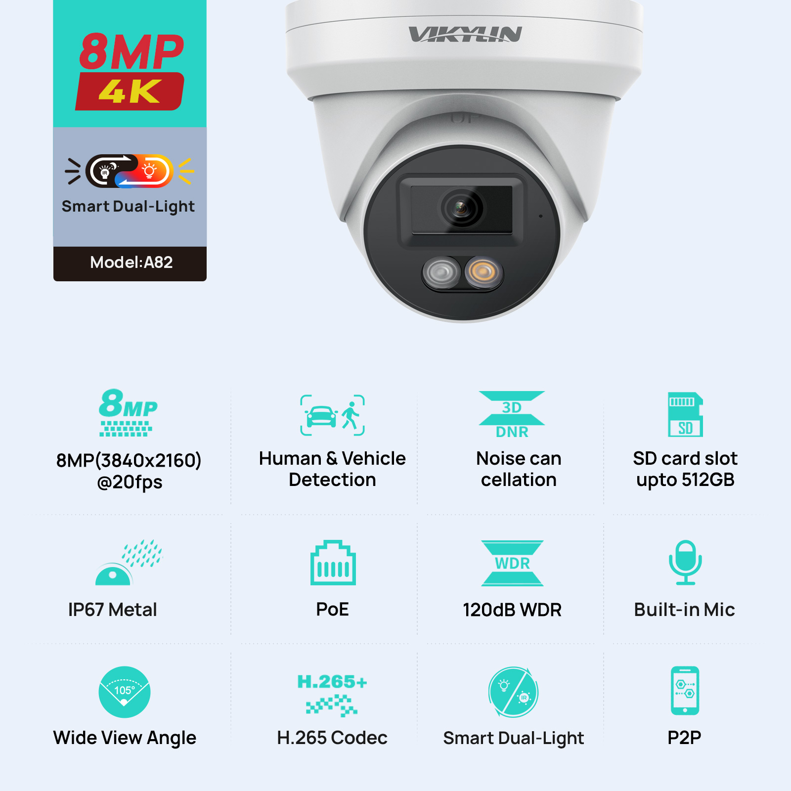 Outdoor Lighting Mains Powered - VIKYLIN 8MP 4K IP Güvenlik Kamerası